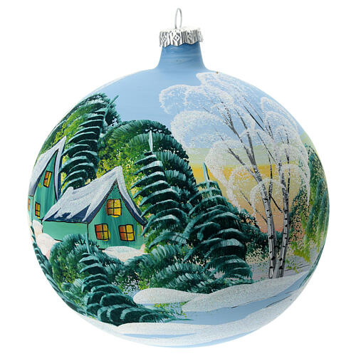 Light blue Christmas ball with snowy green houses, blown glass, 150 mm 3