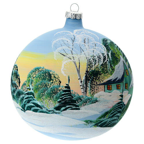 Light blue Christmas ball with snowy green houses, blown glass, 150 mm 4