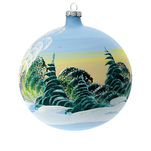 Light blue Christmas ball with snowy green houses, blown glass, 150 mm 5