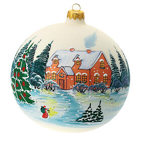 Christmas ball with snowy house in the woods, white blown glass, 150 mm