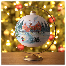 Christmas ball with snowy house in the woods, white blown glass, 150 mm