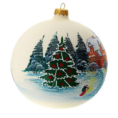 Christmas ball with snowy house in the woods, white blown glass, 150 mm 3