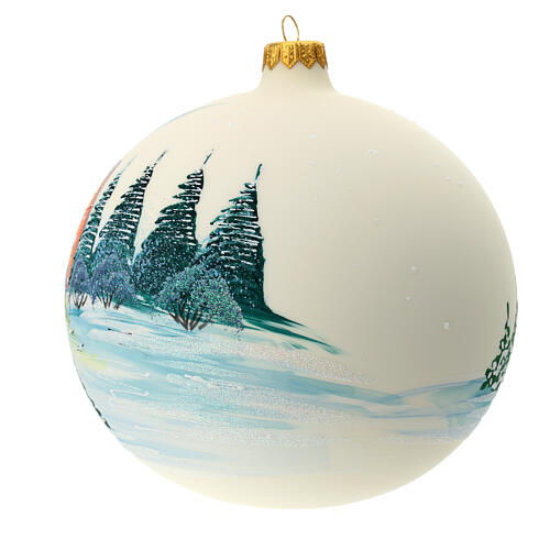 Christmas ball with snowy house in the woods, white blown glass, 150 mm 4
