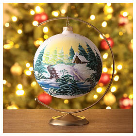 Christmas ball with lake and trees, white blown glass, 150 mm