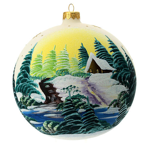 Christmas ball with lake and trees, white blown glass, 150 mm 1