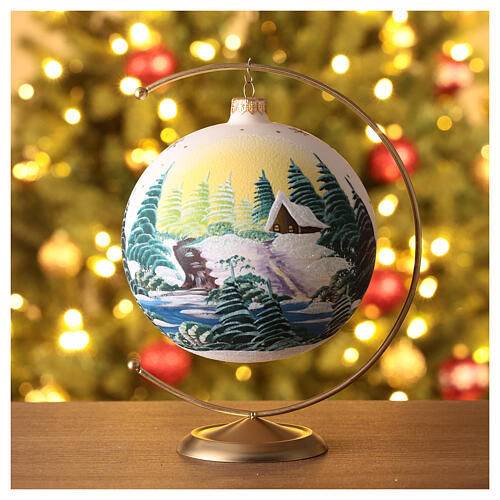 Christmas ball with lake and trees, white blown glass, 150 mm 2