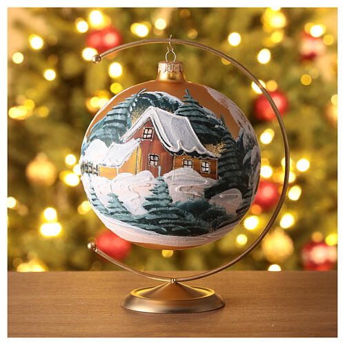 Christmas ball with snowy trees, golden blown glass, 150 mm 2