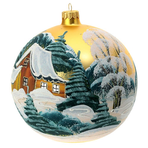Christmas ball with snowy trees, golden blown glass, 150 mm 3