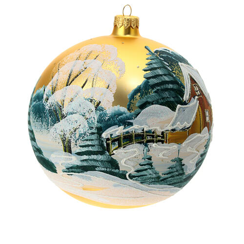 Bola vidro soprado árvore de Natal dourada paisagem nevada 150 mm 4