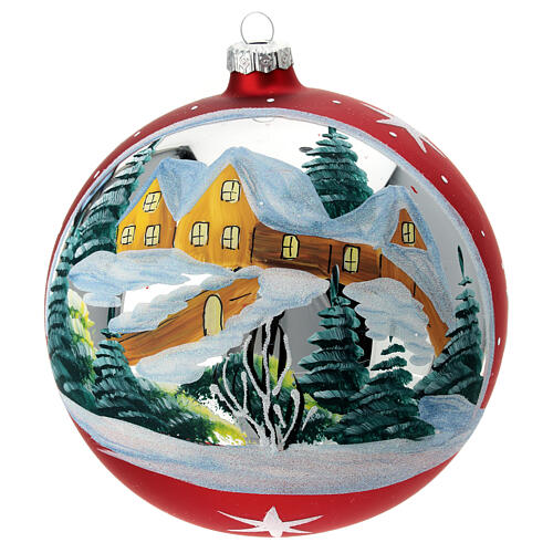 Christmas ball with snowy village and stars, red blown glass, 150 mm 1