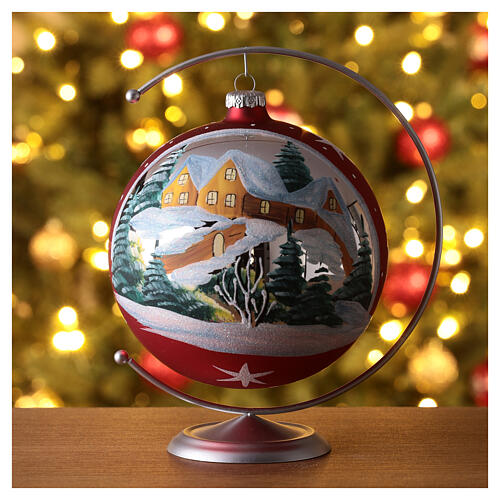 Christmas ball with snowy village and stars, red blown glass, 150 mm 2
