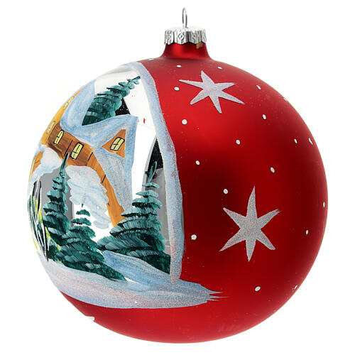 Christmas ball with snowy village and stars, red blown glass, 150 mm 3