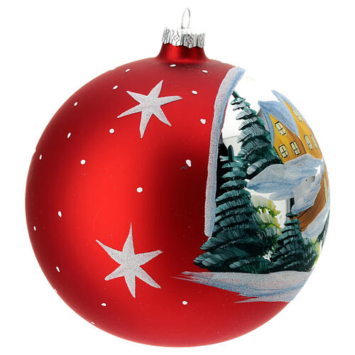 Christmas ball with snowy village and stars, red blown glass, 150 mm 4