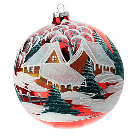 Christmas ball with snowy village on red blown glass 150 mm