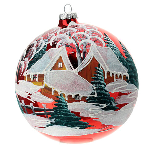 Christmas ball with snowy village on red blown glass 150 mm 1