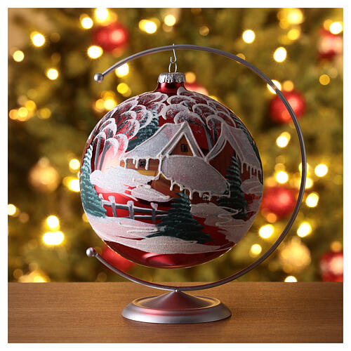 Christmas ball with snowy village on red blown glass 150 mm 2
