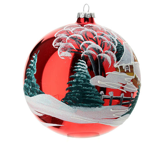 Christmas ball with snowy village on red blown glass 150 mm 3