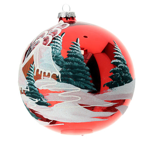 Christmas ball with snowy village on red blown glass 150 mm 4