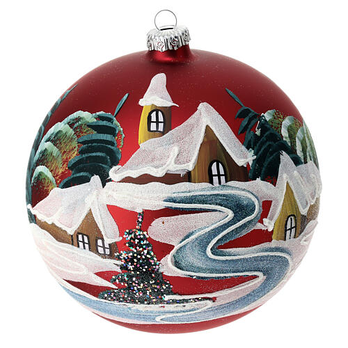 Red Christmas ball with village by the river, blown glass, 150 mm 2