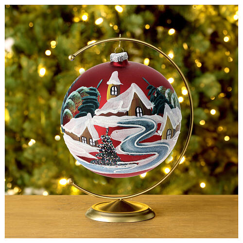 Red Christmas ball with village by the river, blown glass, 150 mm 2