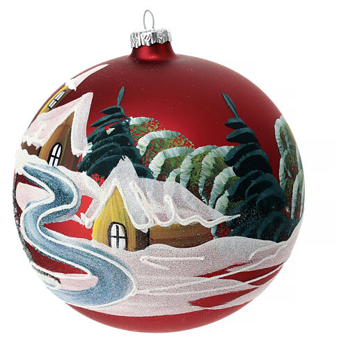 Red Christmas ball with village by the river, blown glass, 150 mm 3