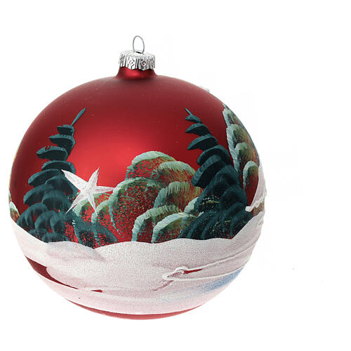 Red Christmas ball with village by the river, blown glass, 150 mm 4