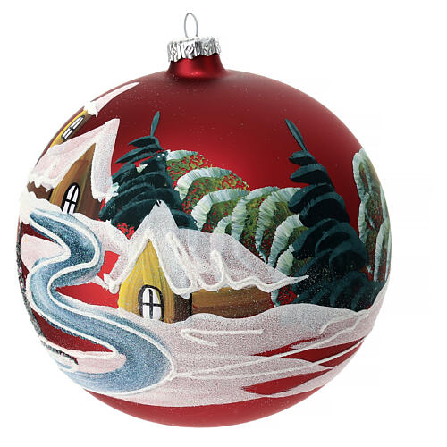 Red blown glass Christmas ball with river houses 150mm 6
