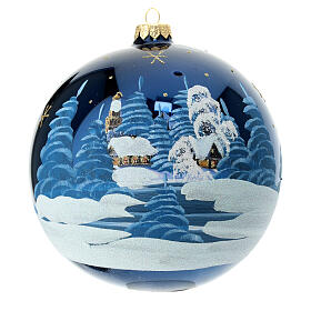 Christmas ball with snowy night landscape on blue blown glass 150 mm