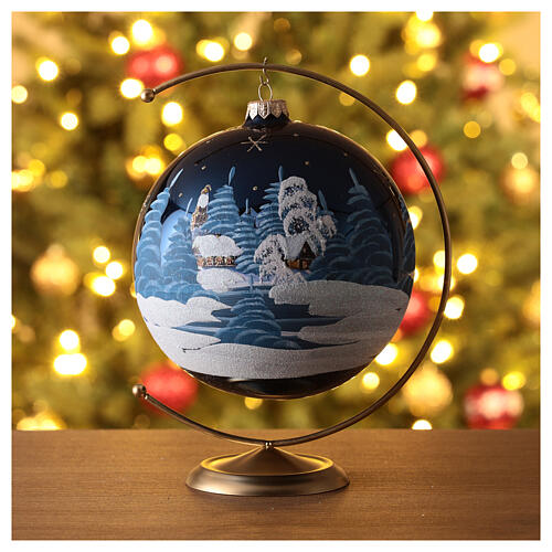 Christmas ball with snowy night landscape on blue blown glass 150 mm 2
