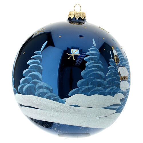 Christmas ball with snowy night landscape on blue blown glass 150 mm 3