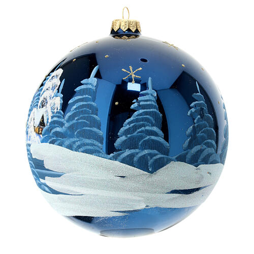 Christmas ball with snowy night landscape on blue blown glass 150 mm 4