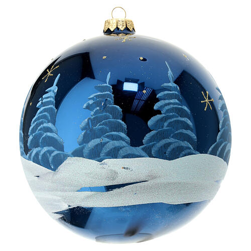 Christmas ball with snowy night landscape on blue blown glass 150 mm 5