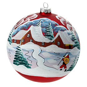 Christmas ball with snowy village and Santa, matte red blown glass, 150 mm