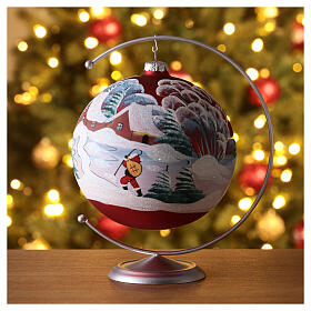Christmas ball with snowy village and Santa, matte red blown glass, 150 mm