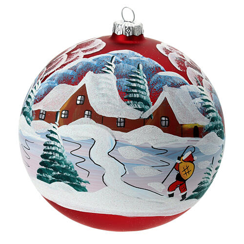Christmas ball with snowy village and Santa, matte red blown glass, 150 mm 1
