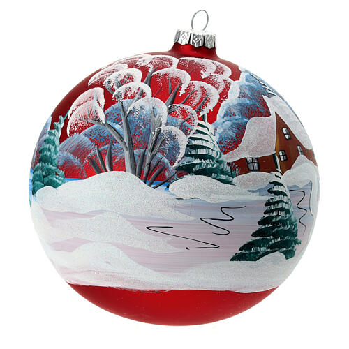 Christmas ball with snowy village and Santa, matte red blown glass, 150 mm 3