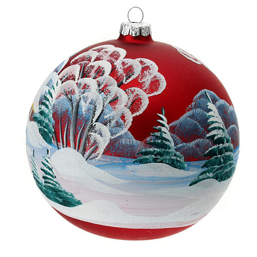 Christmas ball with snowy village and Santa, matte red blown glass, 150 mm 4