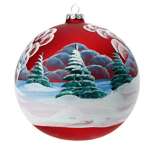 Christmas ball with snowy village and Santa, matte red blown glass, 150 mm 5