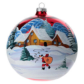 Boule de Noël verre soufflé rouge Père Noël dans paysage enneigé 150 mm