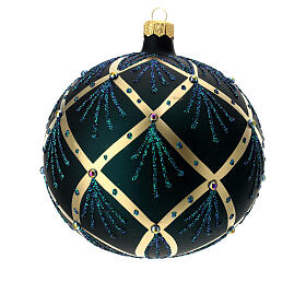 Christmas ball with golden lines and beads, dark green blown glass, 120 mm