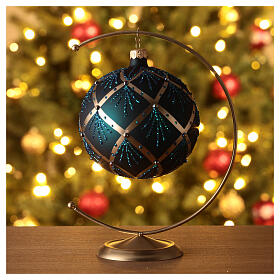 Christmas ball with golden lines and beads, dark green blown glass, 120 mm