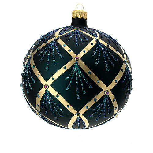 Christmas ball with golden lines and beads, dark green blown glass, 120 mm 1