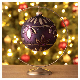 Christmas ball with golden leaf pattern, purple blown glass, 120 mm