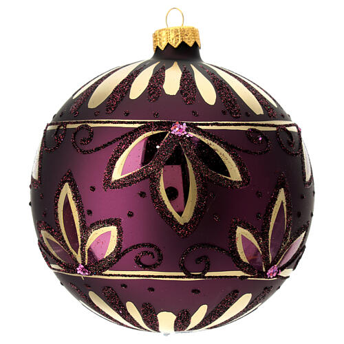 Christmas ball with golden leaf pattern, purple blown glass, 120 mm 1