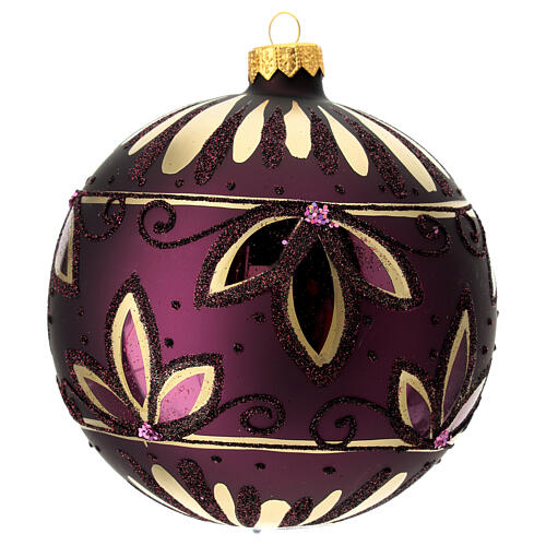 Christmas ball with golden leaf pattern, purple blown glass, 120 mm 3