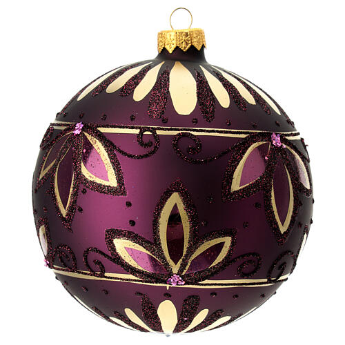 Christmas ball with golden leaf pattern, purple blown glass, 120 mm 4