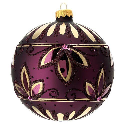 Purple blown glass Christmas bauble with leaves 120mm 1