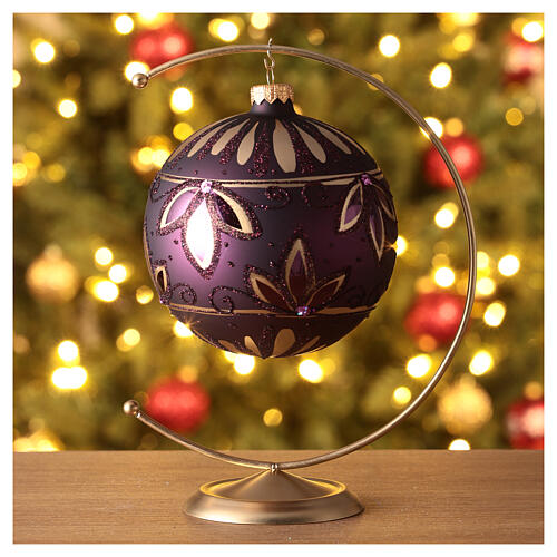 Purple blown glass Christmas bauble with leaves 120mm 2