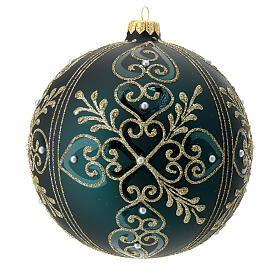 Christmas ball, green blown glass with golden heart pattern, 150 mm