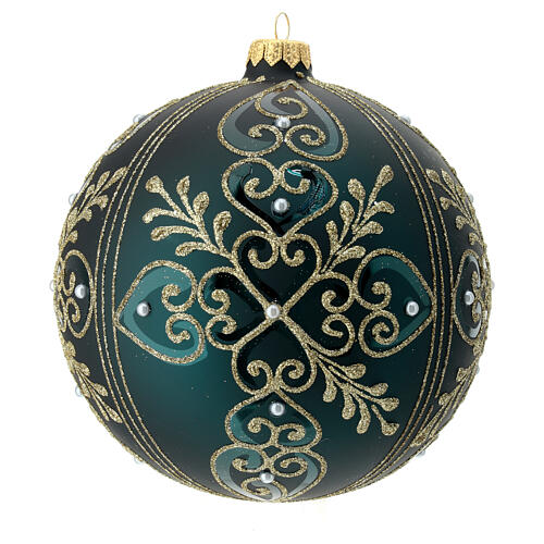 Christmas ball, green blown glass with golden heart pattern, 150 mm 1